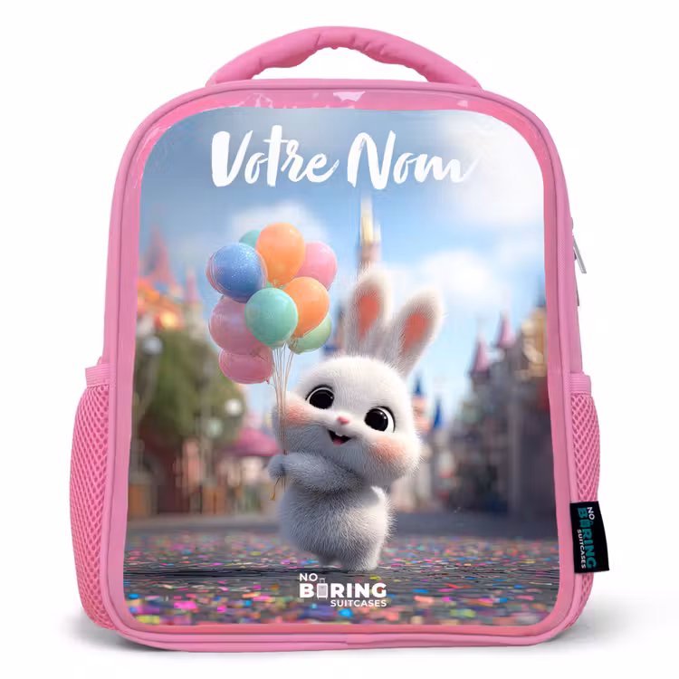 Sac à dos enfant avec votre nom - Rose - lapin - Ballons — 1