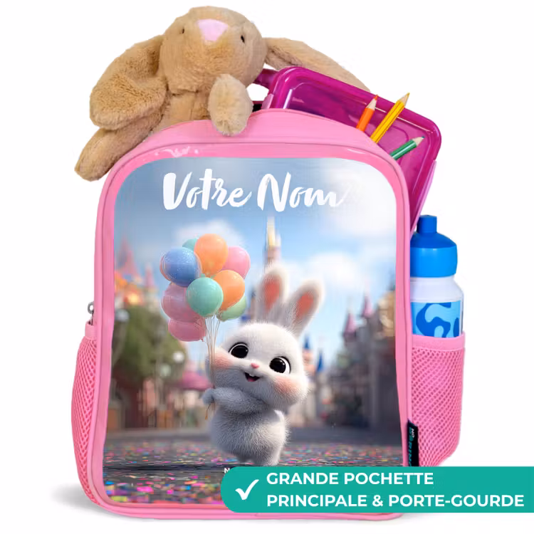Sac à dos enfant avec votre nom - Rose - lapin - Ballons — 2