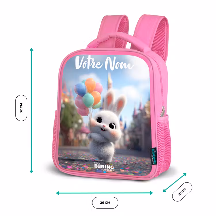 Sac à dos enfant avec votre nom - Rose - lapin - Ballons — 3