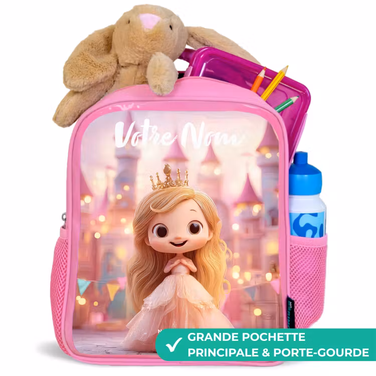 Sac à dos enfant avec votre nom - Rose - Princesse - Rose - Château — 2