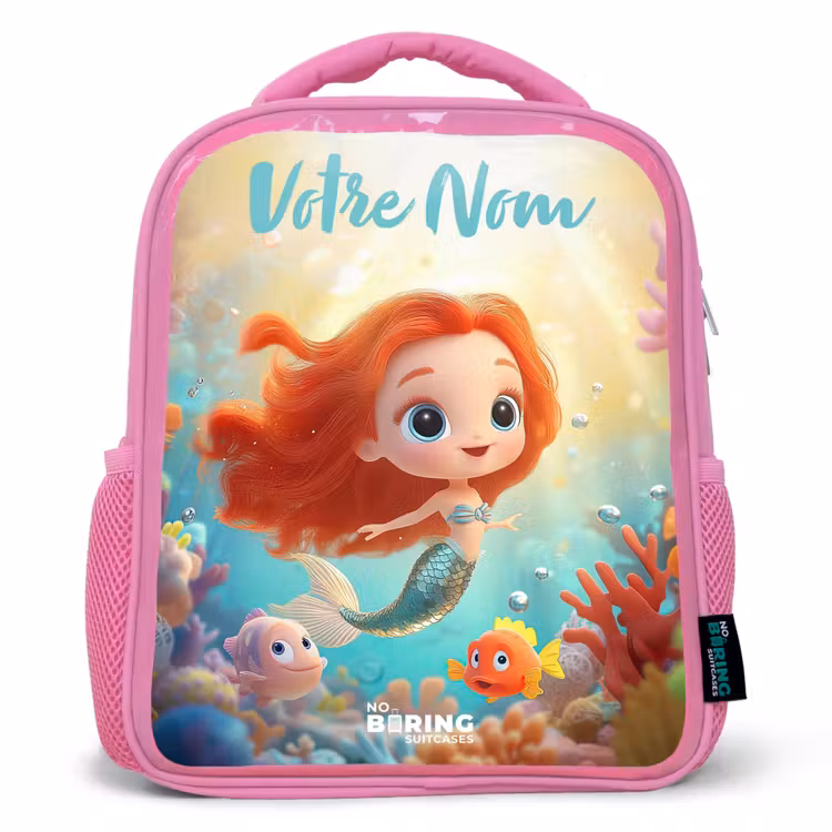 Sac à dos enfant avec votre nom - Rose - Sirène - Poisson - Corail — 1