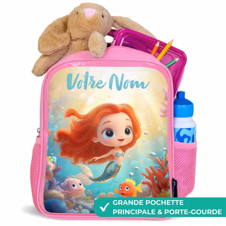 Sac à dos enfant avec votre nom - Rose - Sirène - Poisson - Corail — 2