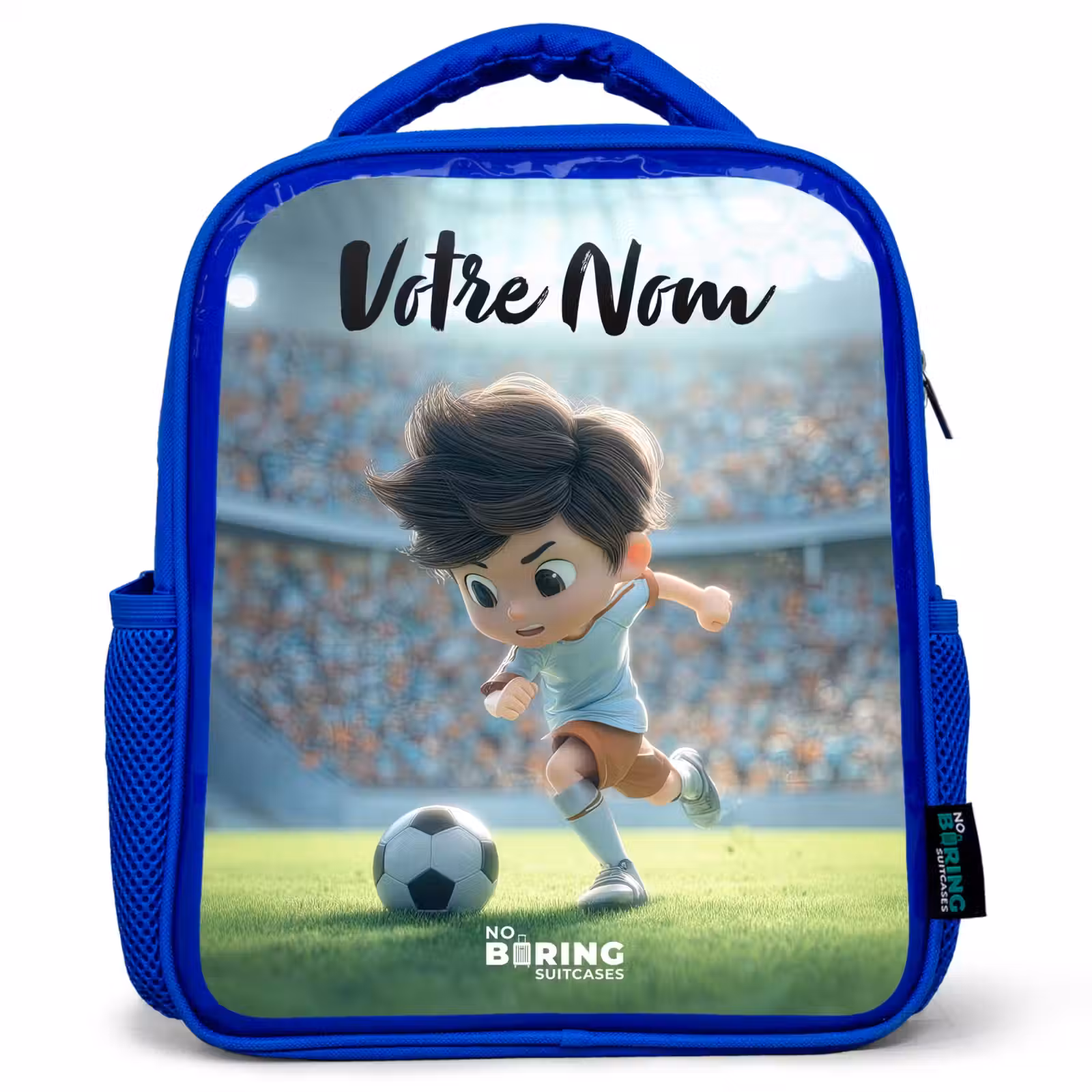 Sac à dos enfant avec nom - Bleu - Garçon - Football - Stade - Soleil — 1