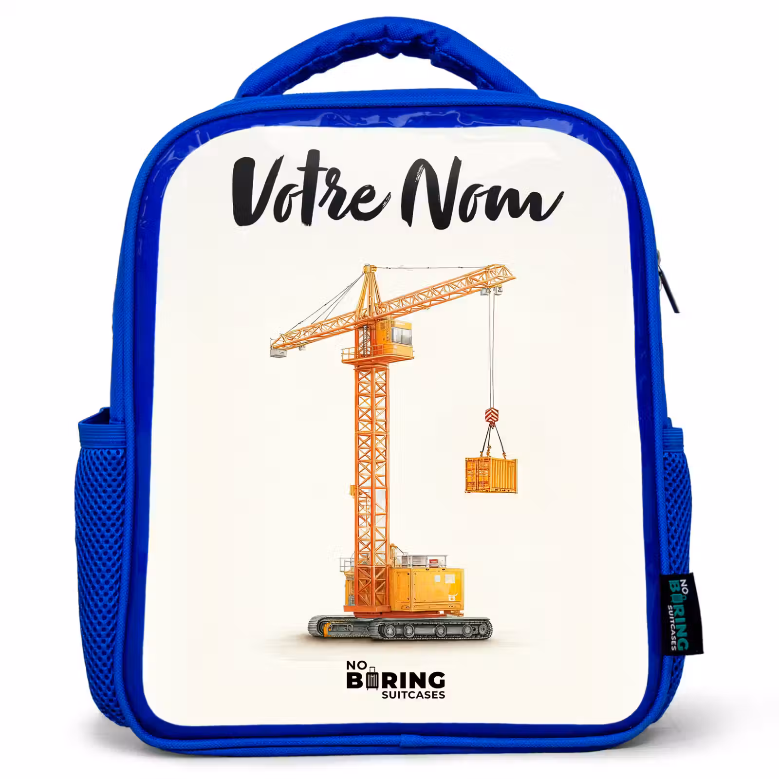 Sac à dos enfant avec votre nom - Bleu - Grue à tour - Signée - Orange — 1