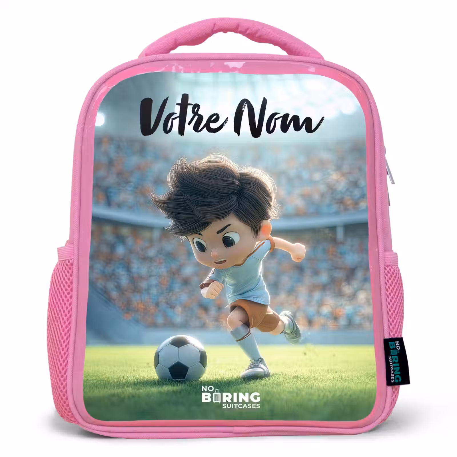 Sac à dos enfant avec votre nom - Rose - Garçon - Football - Stade - Soleil — 1