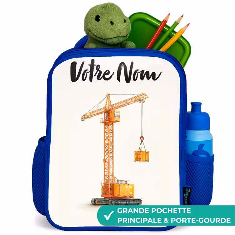 Sac à dos enfant avec votre nom - Bleu - Grue à tour - Signée - Orange — 5