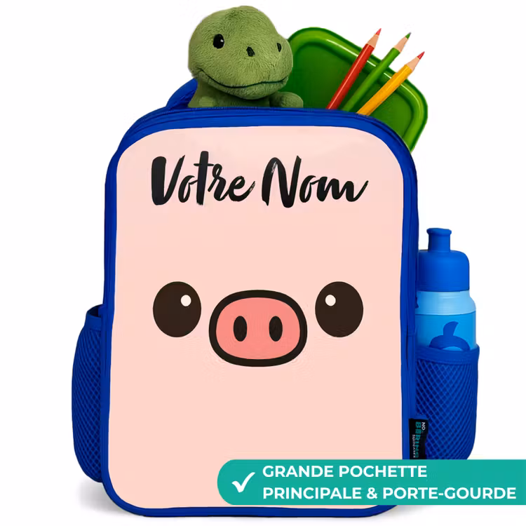Sac à dos enfant avec votre nom - Bleu - Kawai - Cochon - Rose — 5