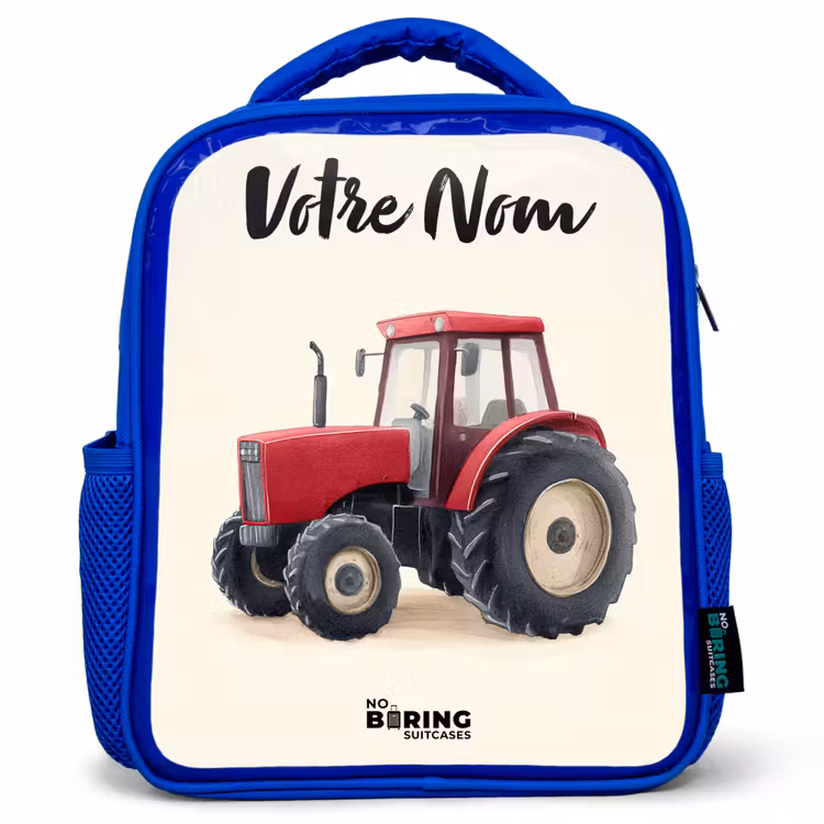 Sac à dos enfant avec votre nom - Bleu - Tracteur - Signé - Rouge — 1