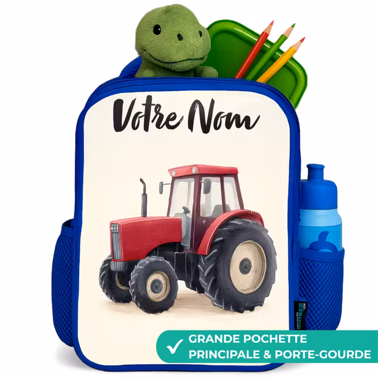 Sac à dos enfant avec votre nom - Bleu - Tracteur - Signé - Rouge — 5