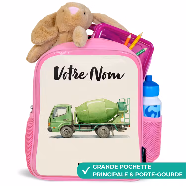 Sac à dos enfant avec votre nom - Rose - Bétonnière - Signée - Verte — 2