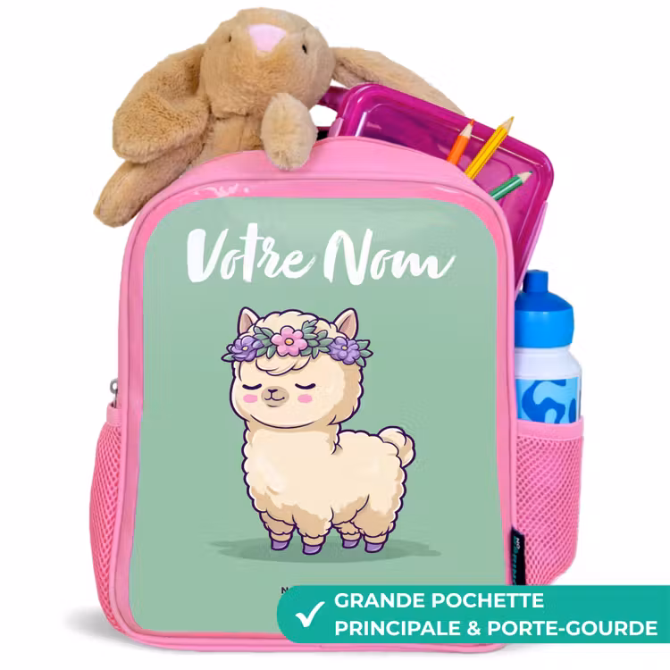Sac à dos enfant avec votre nom - Rose - Kawai - Alpaga - Vert — 2
