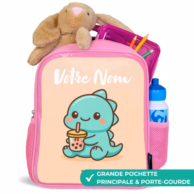 Sac à dos enfant avec votre nom - Rose - Kawai - Dino - Bubbletea — 2