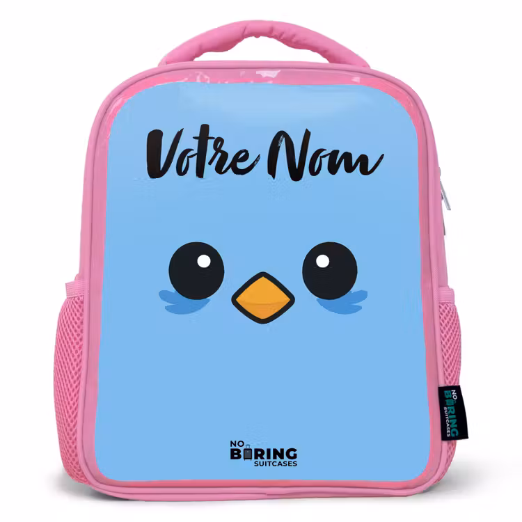 Sac à dos enfant avec votre nom - Rose - Kawai - Oiseau - Bleu — 1