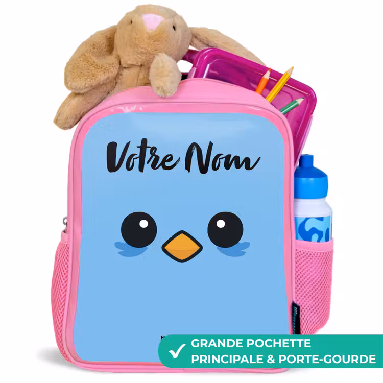 Sac à dos enfant avec votre nom - Rose - Kawai - Oiseau - Bleu — 2