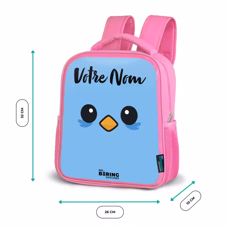 Sac à dos enfant avec votre nom - Rose - Kawai - Oiseau - Bleu — 3