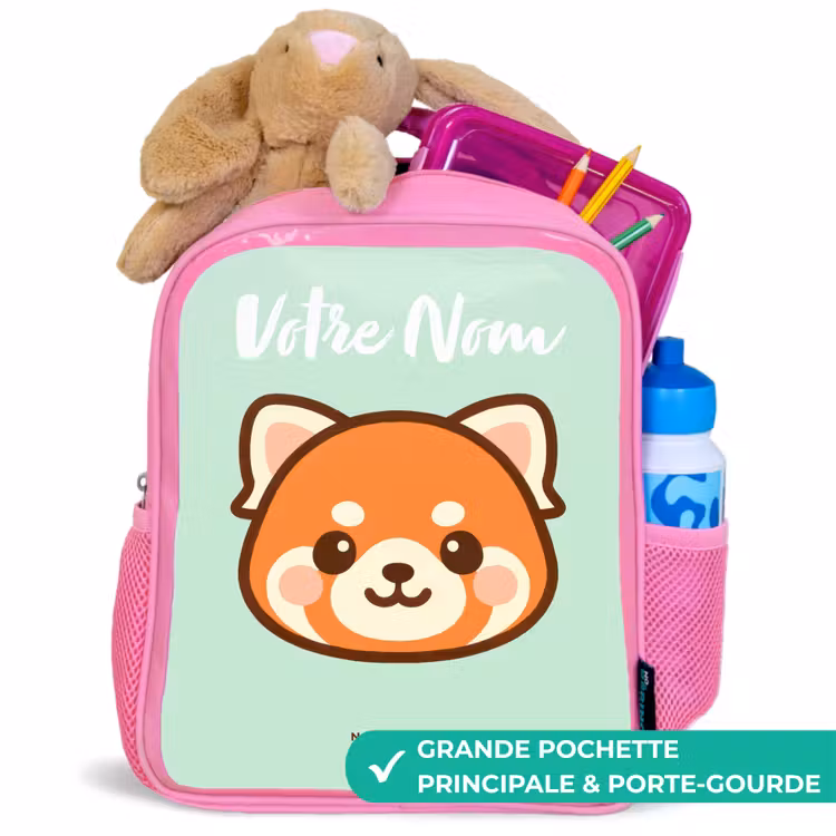 Sac à dos enfant avec votre nom - Rose - Kawai - Panda rouge - Vert — 2