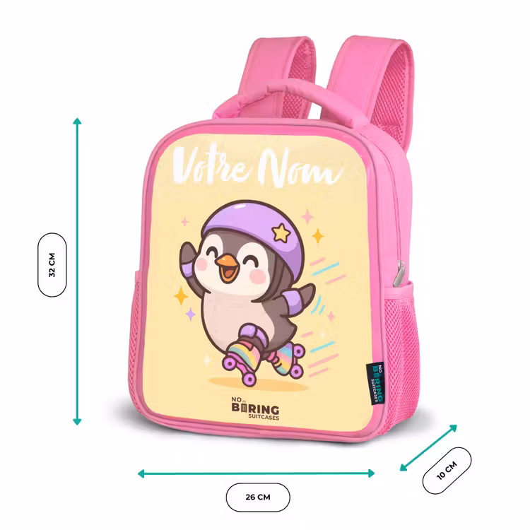 Sac à dos enfant avec votre nom - Rose - Kawai - Pingouin - Patins à roulettes — 3