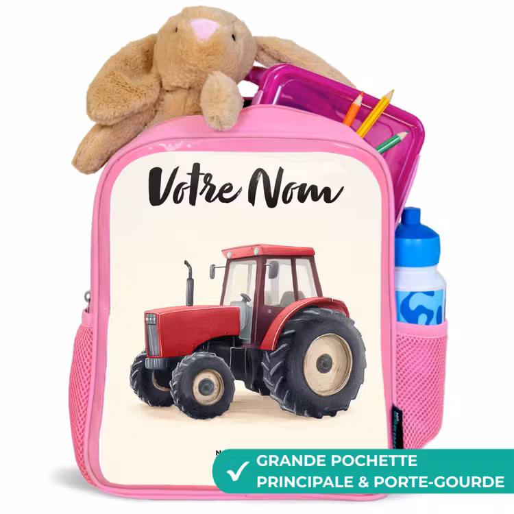 Sac à dos enfant avec votre nom - Rose - Tracteur - Signé - Rouge — 2