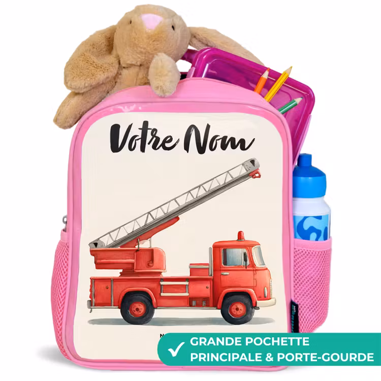Sac à dos enfant avec votre nom - Rose - Véhicule de pompiers - Signé - Rouge — 2