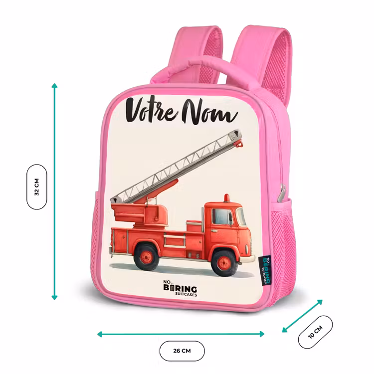 Sac à dos enfant avec votre nom - Rose - Véhicule de pompiers - Signé - Rouge — 3