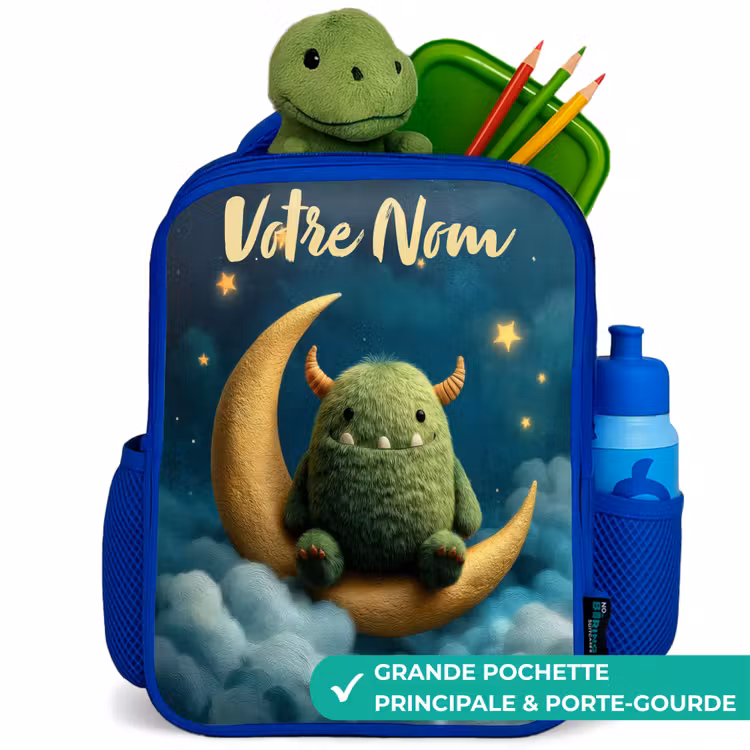 Sac à dos enfant - Bleu - Monstre vert sur croissant de lune — 5