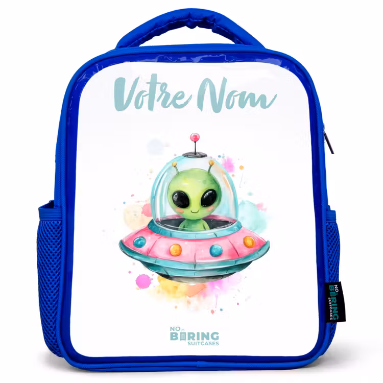 Sac à dos enfant - Bleu - Un extraterrestre vert dans un OVNI coloré — 1