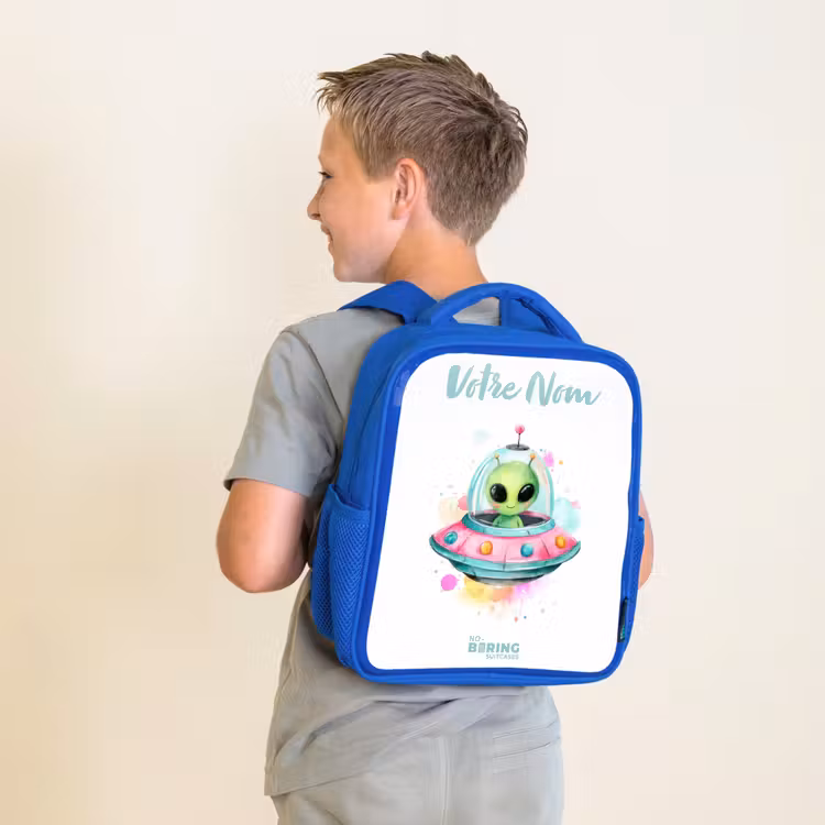 Sac à dos enfant - Bleu - Un extraterrestre vert dans un OVNI coloré — 2