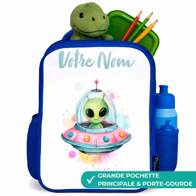 Sac à dos enfant - Bleu - Un extraterrestre vert dans un OVNI coloré — 5