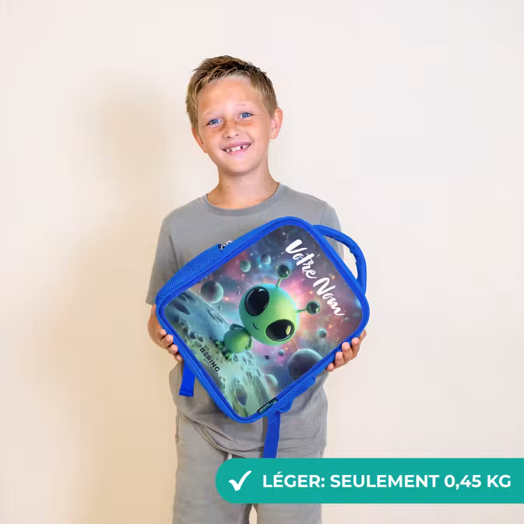 Sac à dos enfant - Bleu - Créature extraterrestre verte sur un paysage lunaire — 3