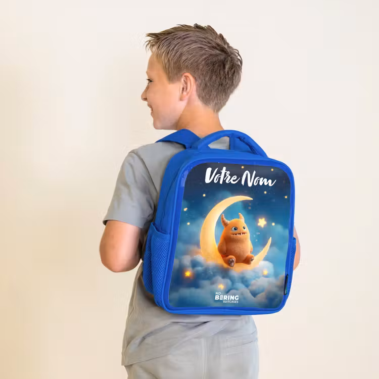 Sac à dos enfant - Bleu - Monstre orange sur croissant de lune — 2