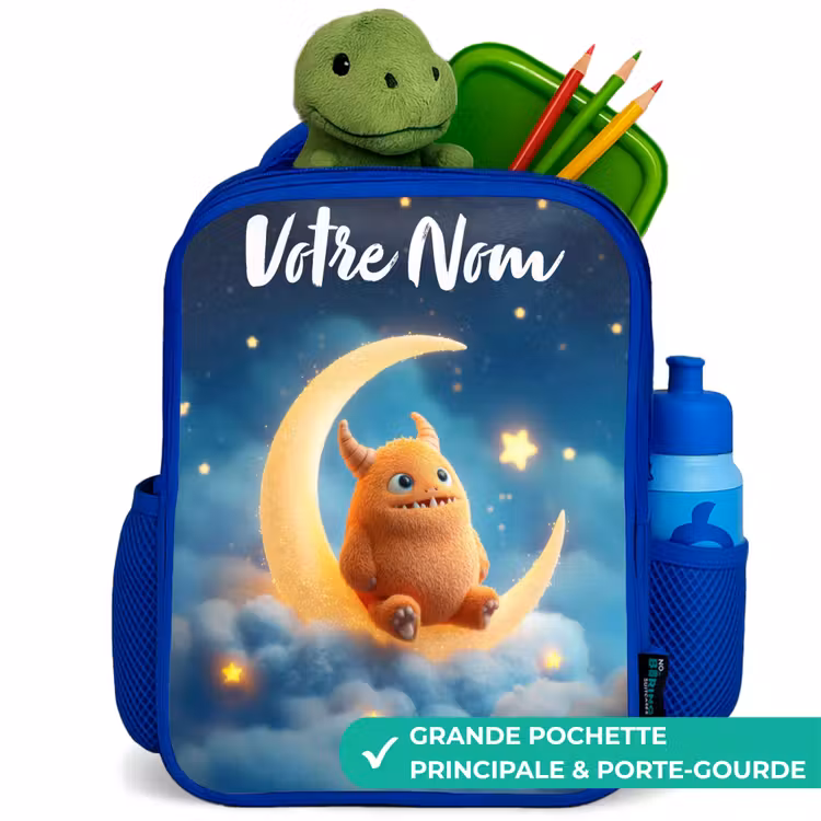 Sac à dos enfant - Bleu - Monstre orange sur croissant de lune — 5