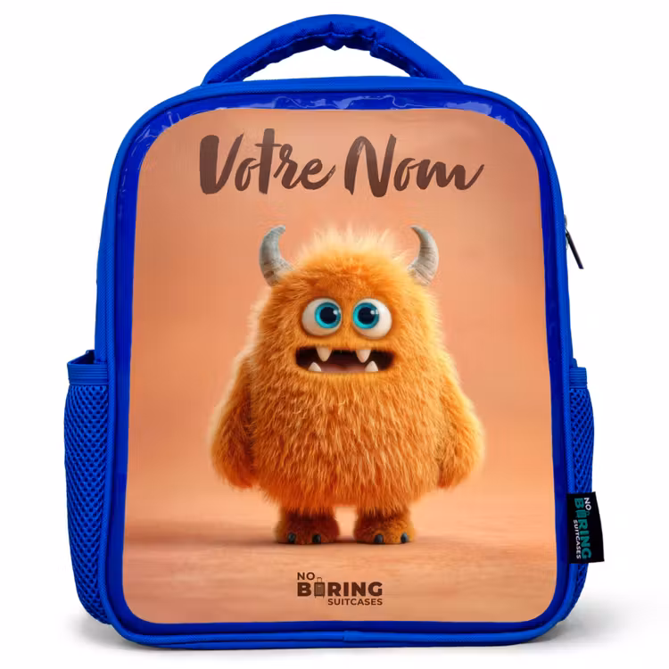 Sac à dos enfant - Bleu - Monstre pelucheux orange avec cornes — 1