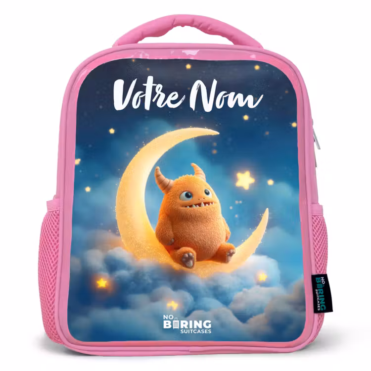 Enfant sac à dos - Rose - Monstre orange sur croissant de lune — 1