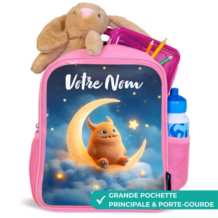 Enfant sac à dos - Rose - Monstre orange sur croissant de lune — 2