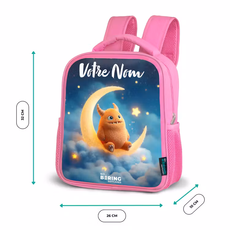 Enfant sac à dos - Rose - Monstre orange sur croissant de lune — 3