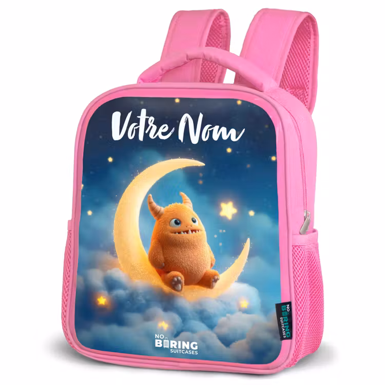 Enfant sac à dos - Rose - Monstre orange sur croissant de lune — 4