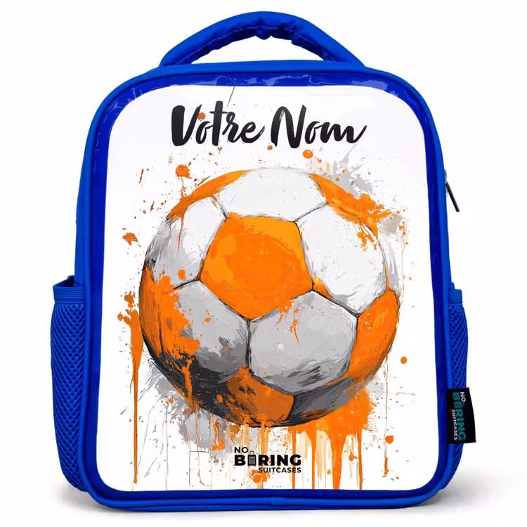 Sac à dos enfant avec votre nom - Bleu - Football vibes - Peinture - Orange — 1