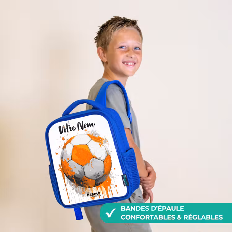Sac à dos enfant avec votre nom - Bleu - Football vibes - Peinture - Orange — 4