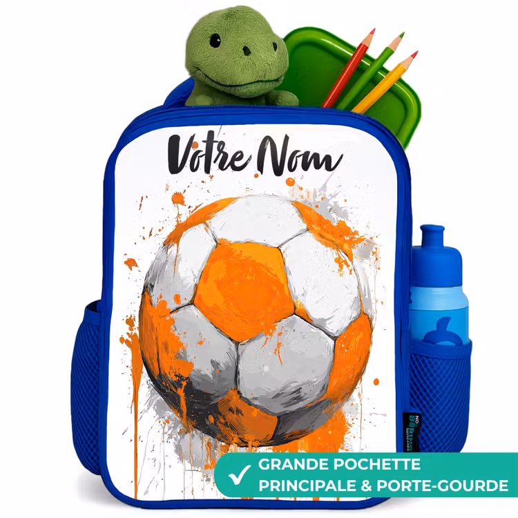 Sac à dos enfant avec votre nom - Bleu - Football vibes - Peinture - Orange — 5