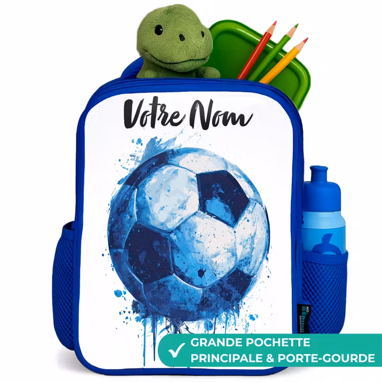 Sac à dos enfant avec votre nom - Bleu - Vibrations footballistiques - Taches d'encre - Bleu — 5