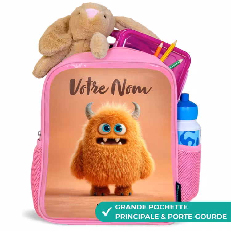 Enfant sac à dos - Rose - Monstre pelucheux orange avec cornes — 2