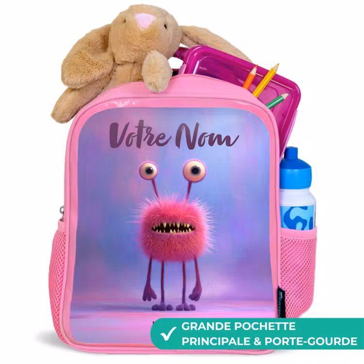 Enfant sac à dos - Rose - Monstre rose à fourrure avec de grands yeux — 2