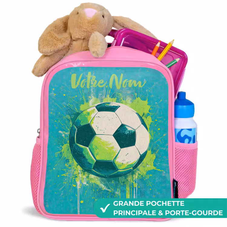 Sac à dos enfant avec votre nom - Rose - Vibrations footballistiques - Éclaboussures de peinture - Vert - Bleu — 2