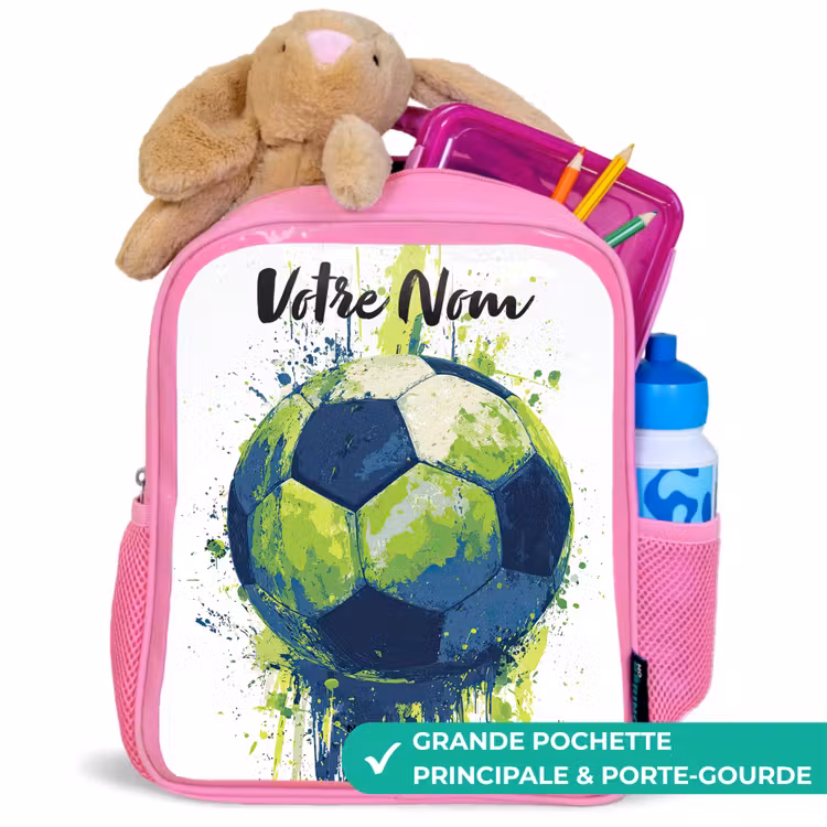 Sac à dos enfant avec votre nom - Rose - Vibrations footballistiques - Peinture - Vert - Bleu — 2
