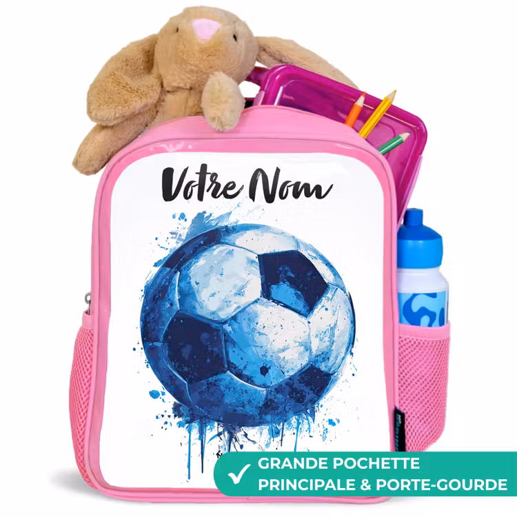 Sac à dos enfant avec votre nom - Rose - Vibrations footballistiques - Taches d'encre - Bleu — 2