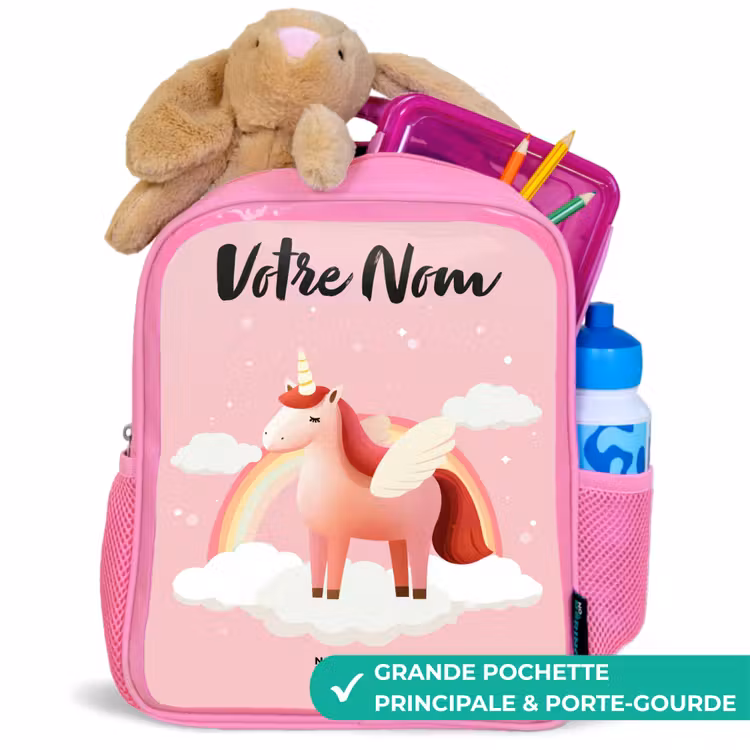 Sac à dos enfant avec nom - Rose - Licorne - Ailes - Rose - Arc-en-ciel — 2