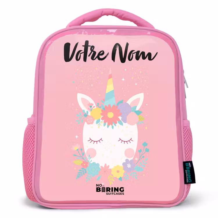 Sac à dos enfant avec nom - Rose - Licorne - Fleurs - Rose — 1