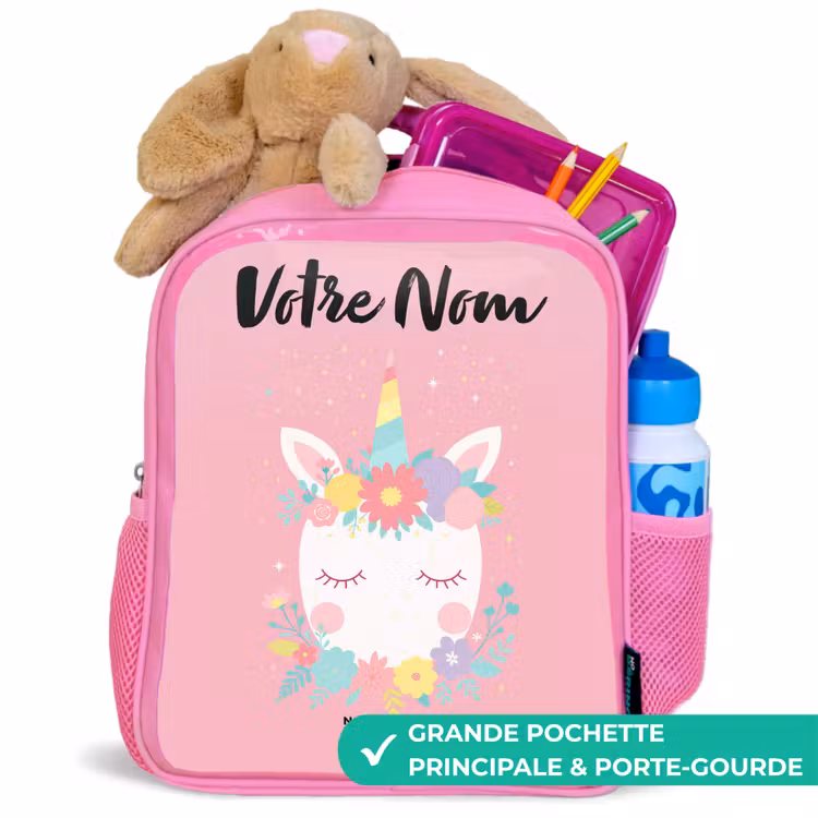 Sac à dos enfant avec nom - Rose - Licorne - Fleurs - Rose — 2