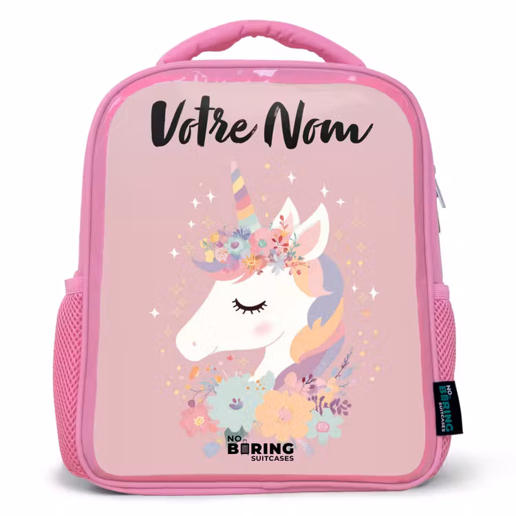 Sac à dos enfant avec nom - Rose - Licorne - Rose - Fleurs — 1