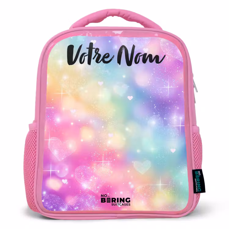 Sac à dos enfant avec nom - Rose - Lumière - Arc-en-ciel - Cœurs — 1